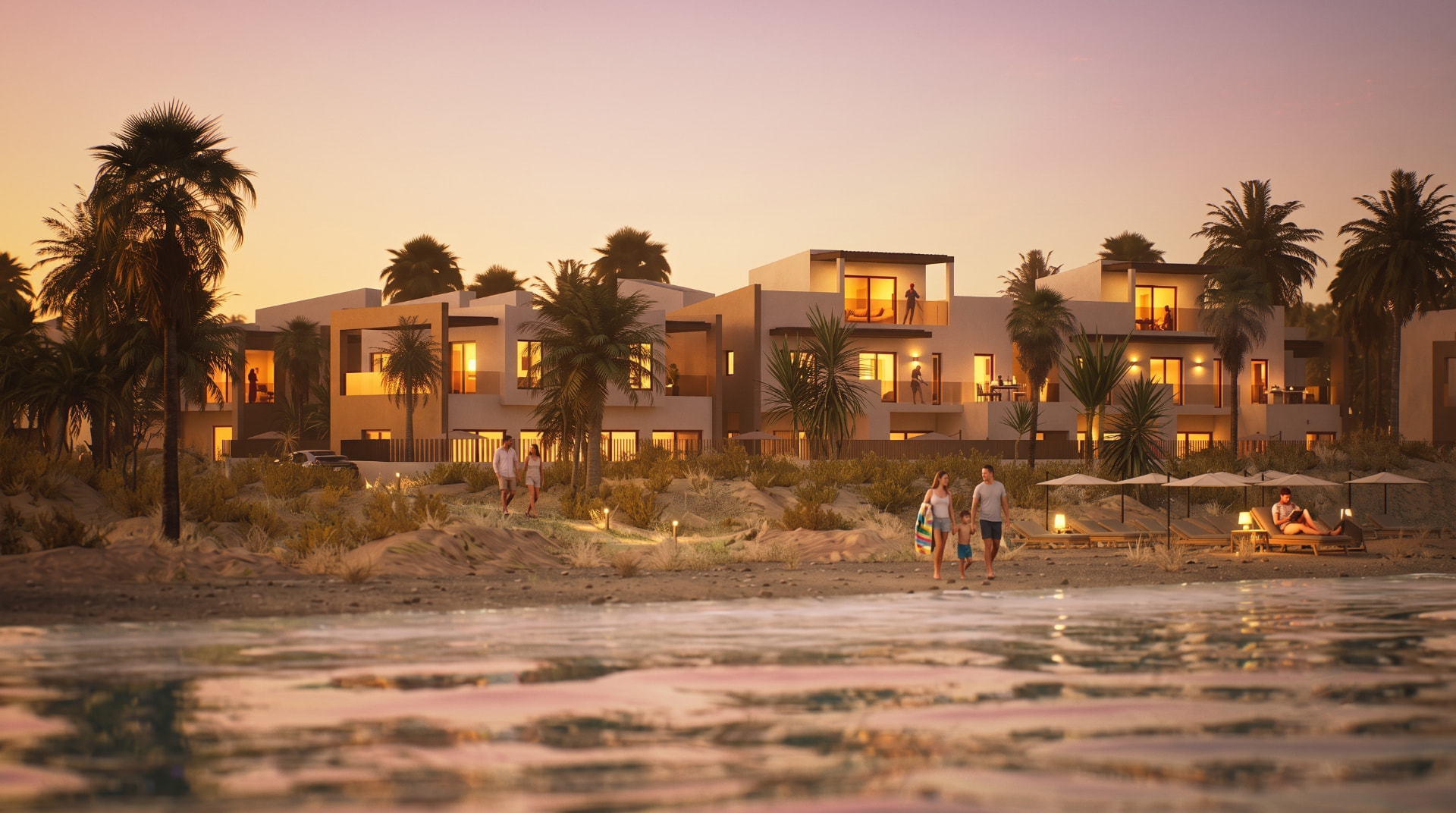 Seaside villas in Chiliadou — beachfront view at sunset
