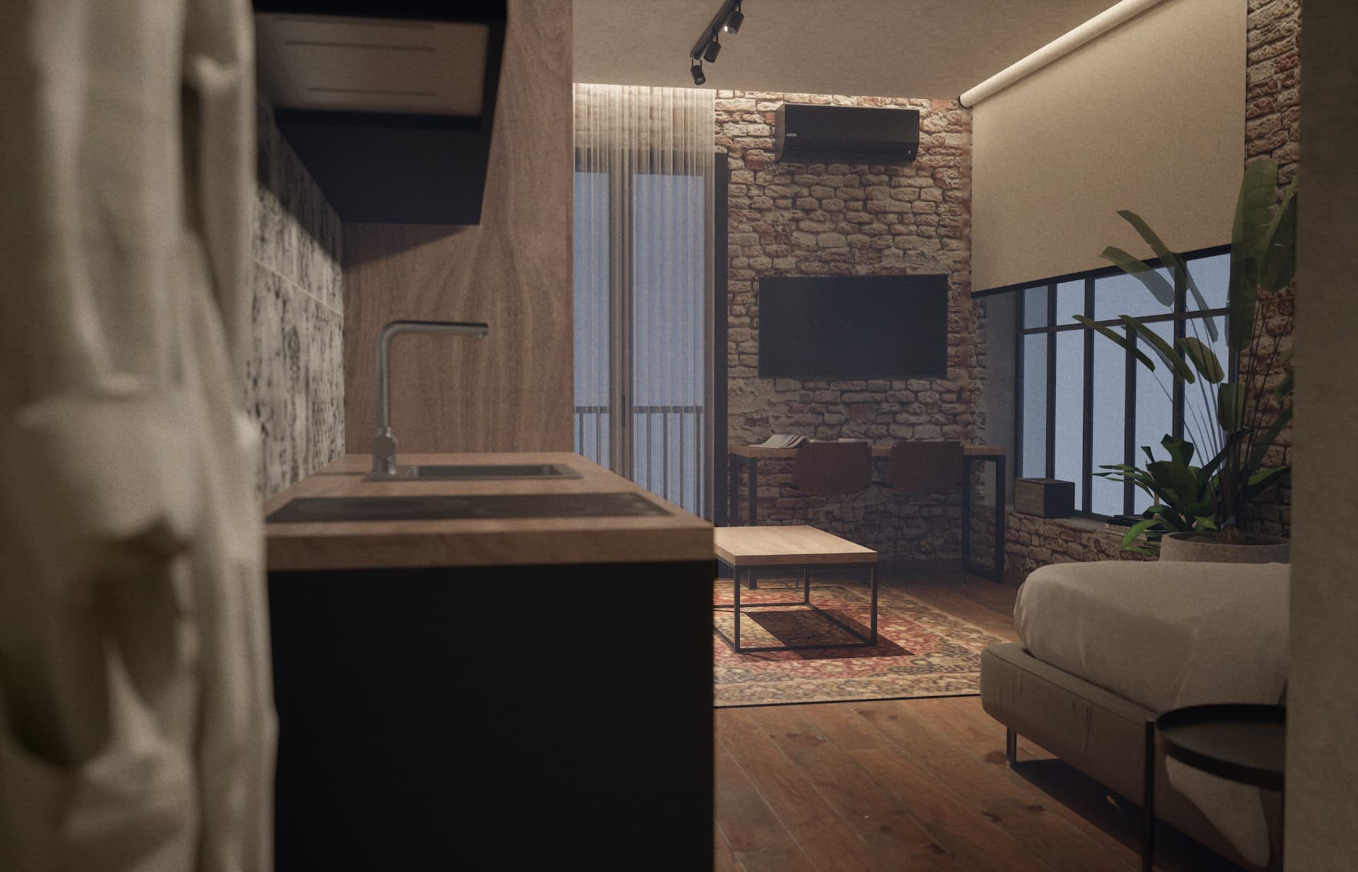 The HUB Student Apartments — apartment interior with stone wall