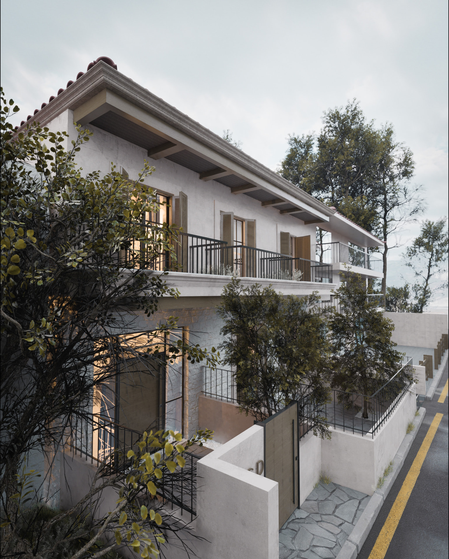 Traditional home restoration in Kalavryta — side view with trees and entrance