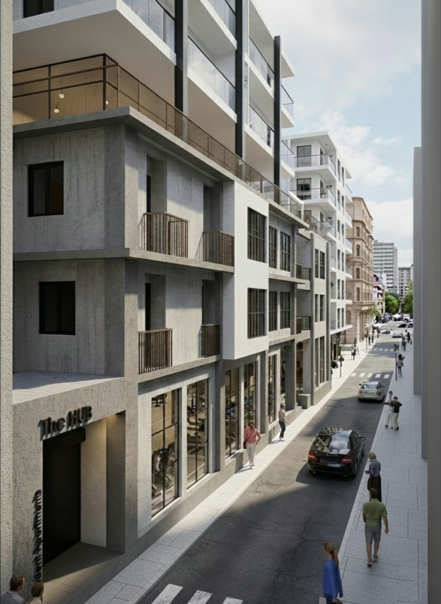 The HUB Student Apartments — street view of the entrance