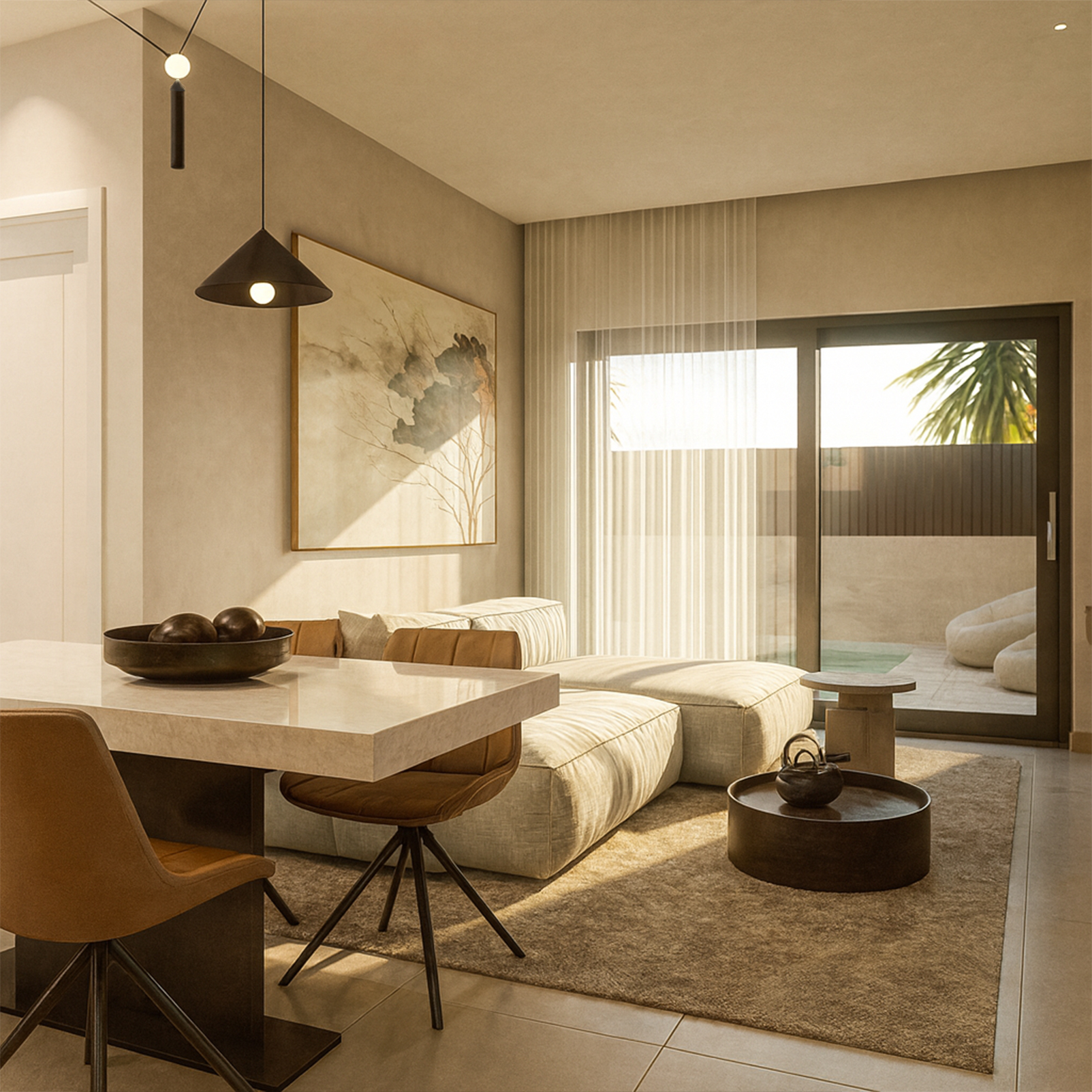 Seaside villas in Chiliadou — living and dining area with terrace view