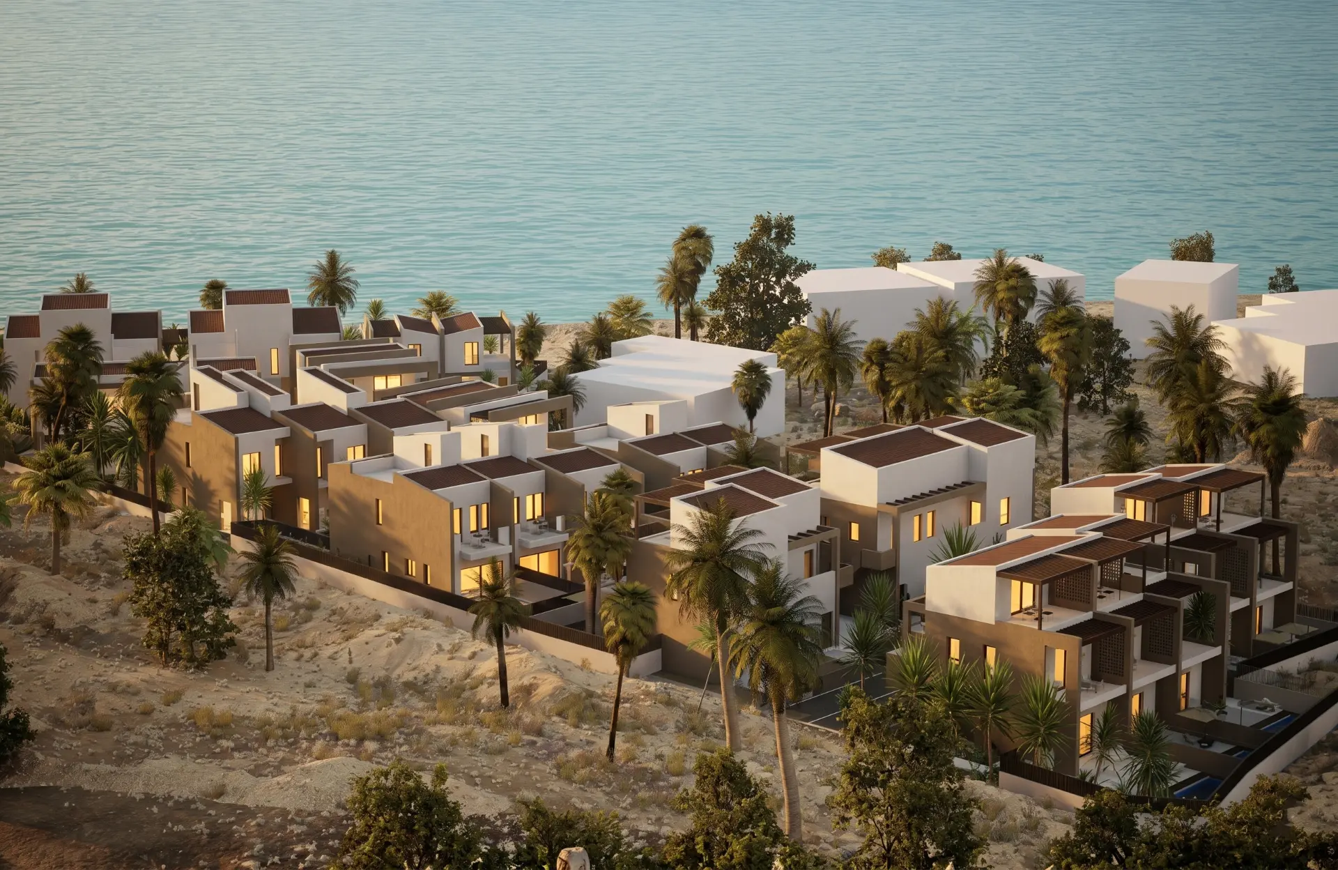 Seaside villas in Chiliadou — aerial view of the development by the sea