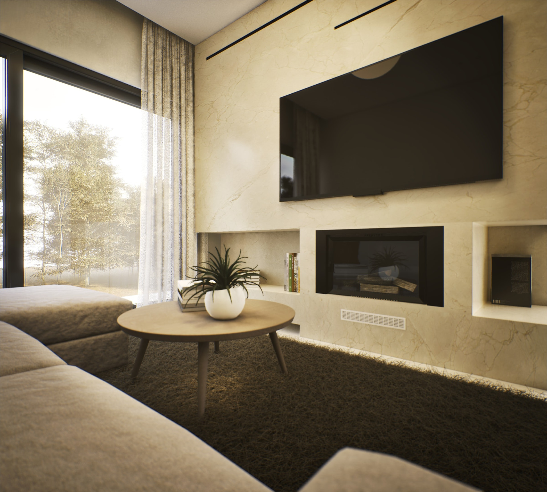 Villa in Begoulaki — living room with marble wall and fireplace